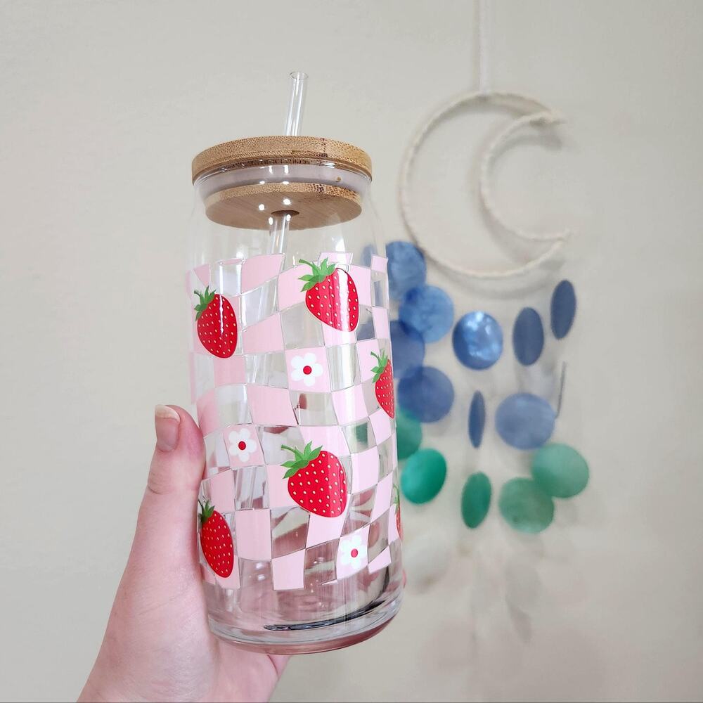 Groovy Strawberry Can Glass Cup Checkerboard Whimsical Berry Iced Coffee Tumbler